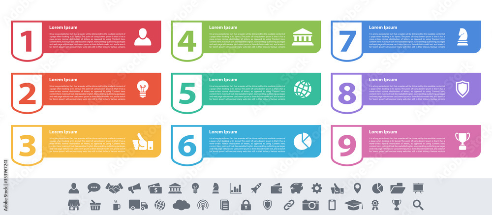 Infographic design business concept vector illustration with 9 steps or options or processes represent work flow or diagram or web button banner Infographic design business concept vector illustration with 9 steps or options or processes represent work flow or diagram or web button banner