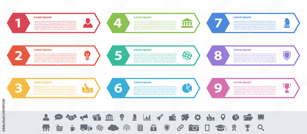 Infographic design business concept vector illustration with 9 steps or options or processes represent work flow or diagram or web button banner Infographic design business concept vector illustration with 9 steps or options or processes represent work flow or diagram or web button banner