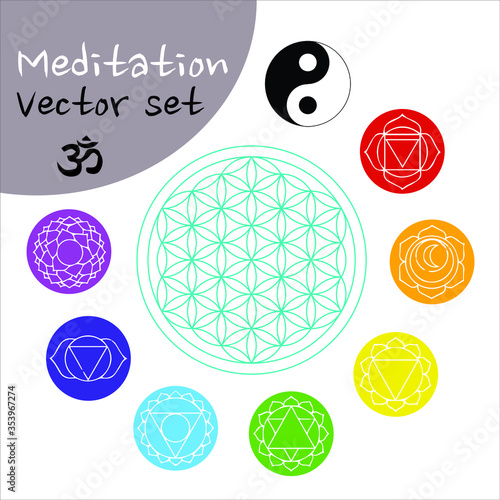 meditation symbol vector set : chakras, flower of life, yin yang, om