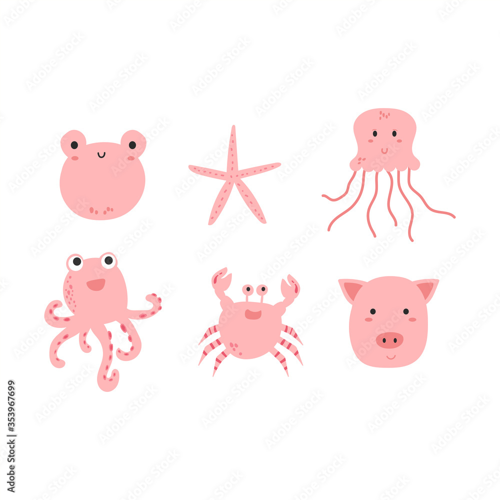 cute cartoon animal collection frog starfish octopus crab pig pink cute cartoon animal collection frog starfish octopus crab pig pink
