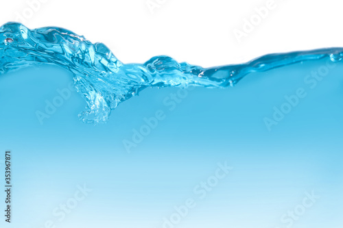 Surface Water drops, splashing waves 3D, transparent blue with bubbles In beautiful nature On a white background