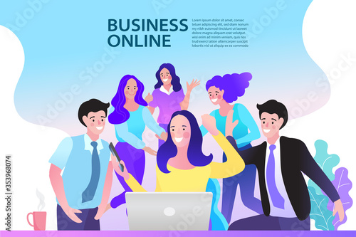 Business people technology and communication concept. Smiling business team with laptop. businesswoman speak using Webcam conference on computer with diverse colleagues.