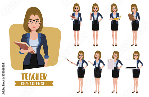 Teacher character vector set. Female teacher characters standing for presentation and education learning with different pose and gestures like teaching, presenting, reading, and writing. 