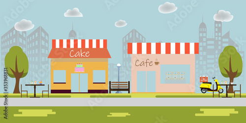 Cafe Street Coffee Shop Chairs Table Flat Vector Illustration