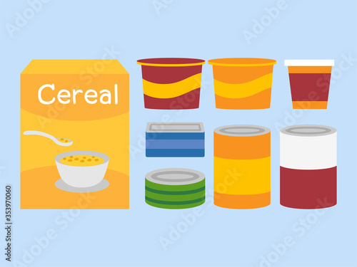 set of canned food and Cereal box