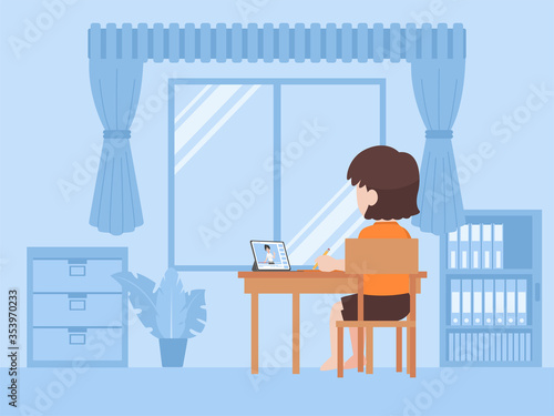 Little young girl in new normal life learns lessons distance education at home self learning for prevent coronavirus, Distance Learning concept.