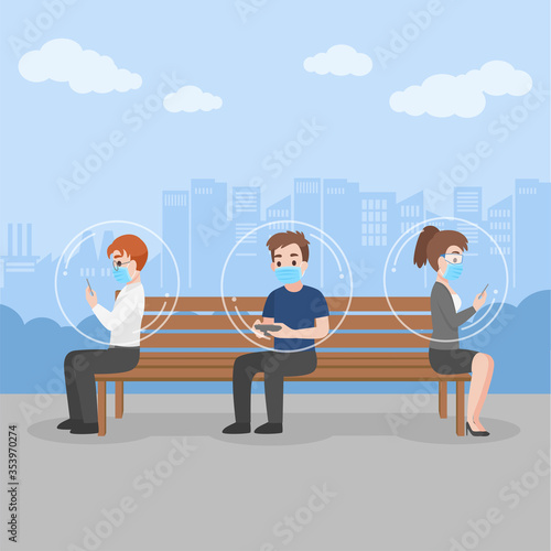 New normal life People inside the bubble escape social media echo chamber keep social distance wearing a surgical protective Medical mask for prevent coronavirus, Health care concept.