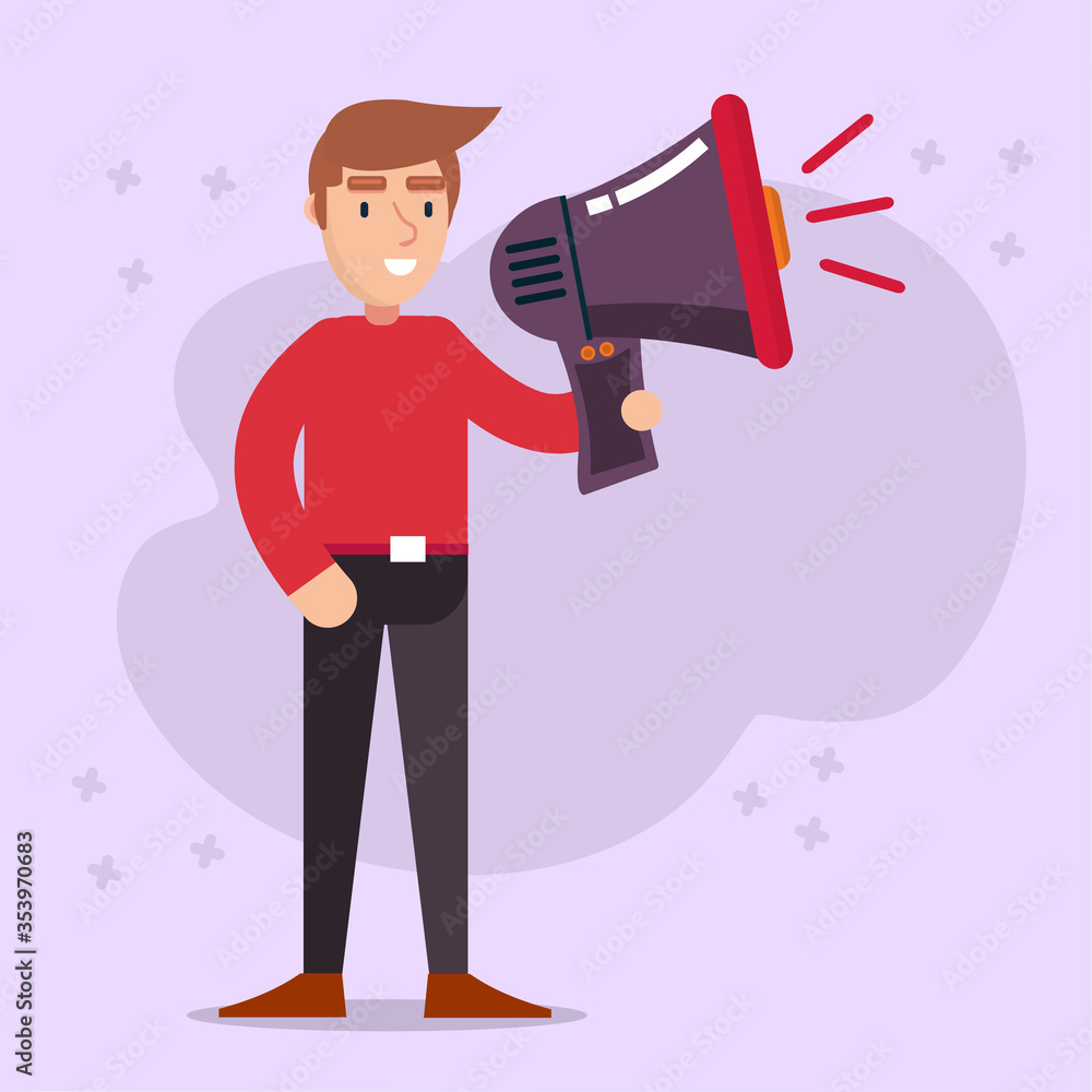 young man holding megaphone vector illustration in flat style young man holding megaphone vector illustration in flat style