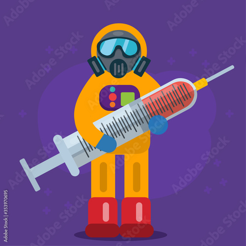 people wear hazmat holding medical syringe vector illustration 
