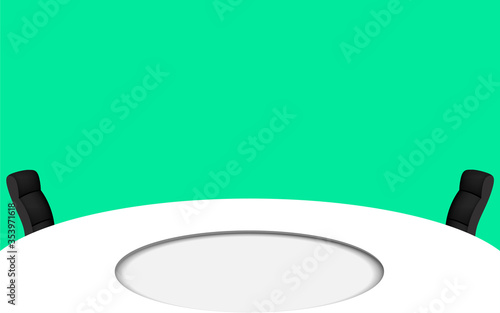 round table and chair on the green background in a news studio room