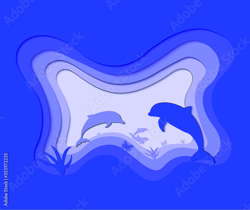Paper of Dolphin in the blue ocean, dolphins live in both the sea, fresh water and brackish water, shaped like fish, with fins and tails, but dolphins are not fish. Because it is a mammal, in the sea 
