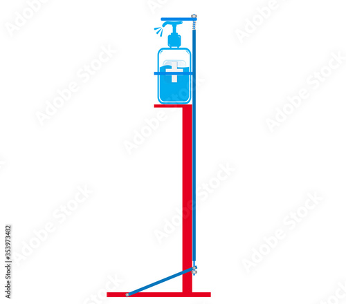 Hands Free Sanitizer Stand, a man showing how to use this equipment without touching hand sanitizer,  touchless equipment concept,Vector illustration