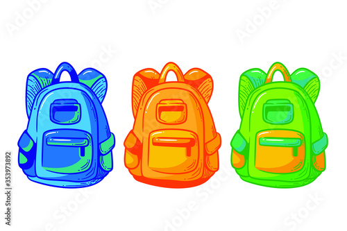 Colorful Backpack in a flat style is isolated on a white background. Colored school backpack. Education and study back to school, schoolbag luggage, rucksack Vector illustration.
