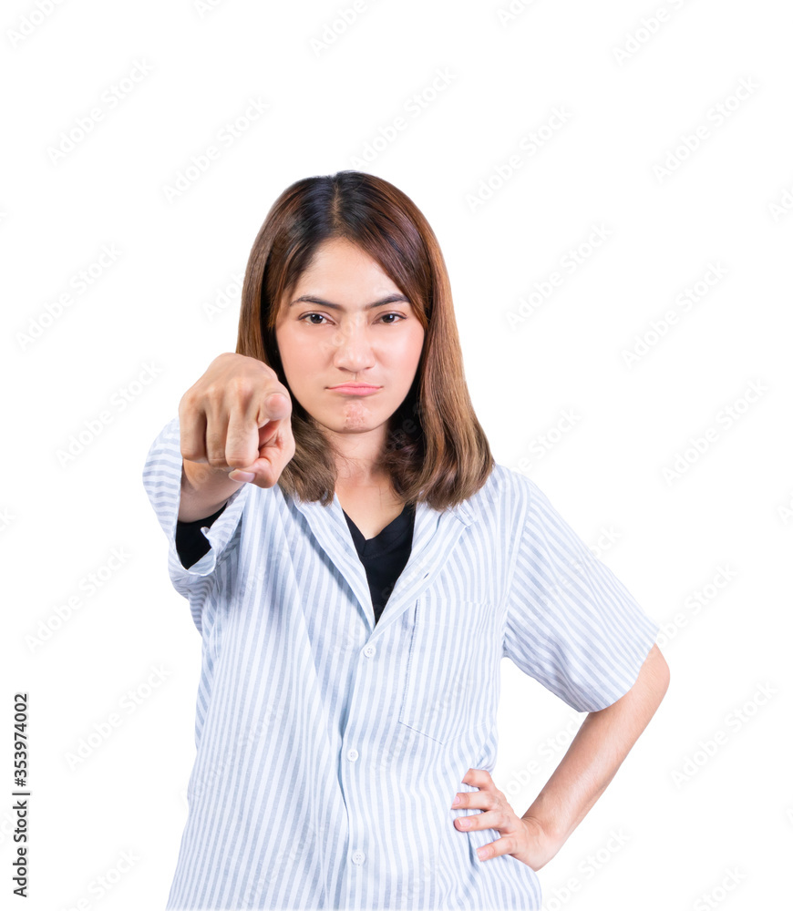 woman pointing finger go front with anger on white background woman pointing finger go front with anger on white background