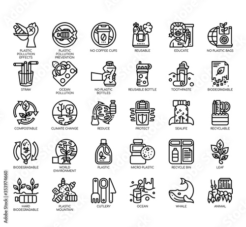 Set of Plastic pollution thin line and pixel perfect icons for any web and app project.