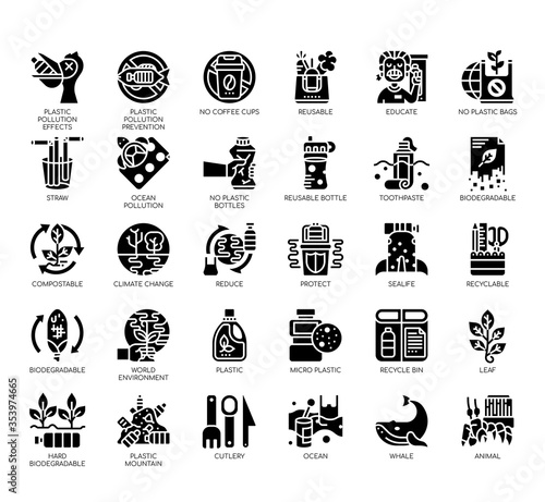 Set of Plastic pollution thin line and pixel perfect icons for any web and app project.