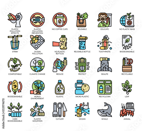 Set of Plastic pollution thin line and pixel perfect icons for any web and app project.