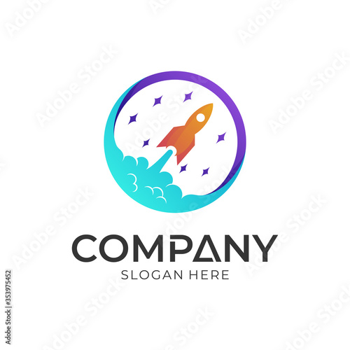 Rocket logo design in circle shape, spaceship launch logo template