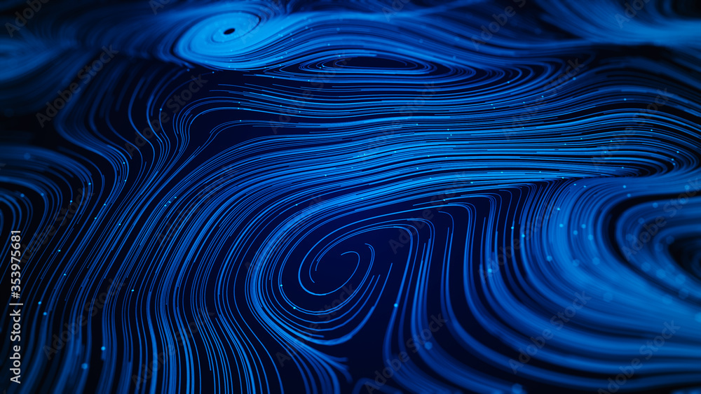 Blue color abstract background, Digital Particle and Line. Wavy backdrop curved and spiral line. Digital cyberspace background