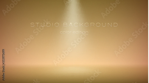 Orange empty studio with spotlights. Soft gradient. The ray of the searchlight in the air and floor. Studio room for background, display brand or product. Color edition. Vector 3d illustration