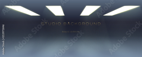 Black empty hall lit by lamps on the ceiling. Soft gradient from the rays of the searchlight on the floor. Studio background for display brand or product. Vector 3d illustration