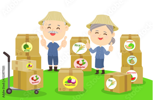 Cartoon  Thai Farmer Export Fruit Vector