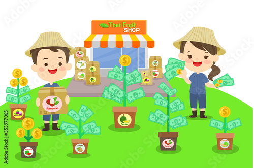 Cartoon  Thai Farmer Export Fruit Vector