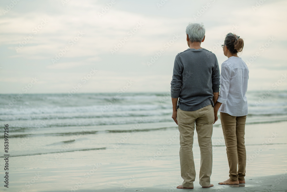 Rear view of elderly couple standing together at beach . Love is everything, image no focus..Retirement age concept and love, copy space for text