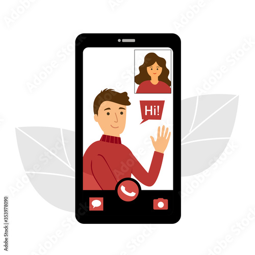 Man and woman make a video call concept vector illustration. Long distance relationship between friends, loving couple or marriage husband and wife. Online talk on smartphone via internet.