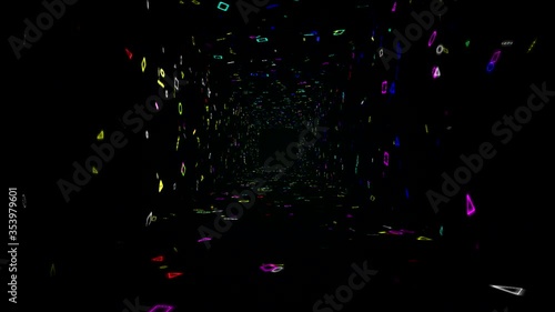 VJ Infinite Tunnel Loop of Random Glowing Retro Neon Shapes For Electronic Dance Music - Rainbow Colors. 