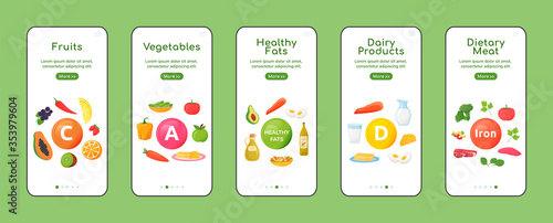 Vitamins and minerals onboarding mobile app screen flat vector template