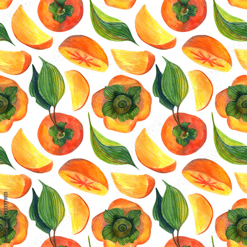 Fototapeta Naklejka Na Ścianę i Meble -  Watercolor seamless pattern of persimmon on a white background. Floral illustration for wrapping paper, textiles, greeting cards and invitations.