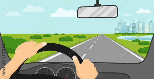 View of the road from the driver's seat. The driver looks at the road through the windshield of the car. Vector illustration.