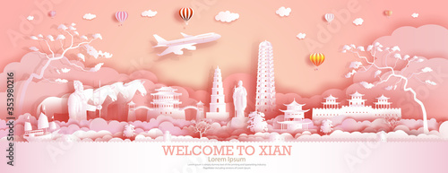 Travel landmarks China in Xian city with ancient warrior, horse.