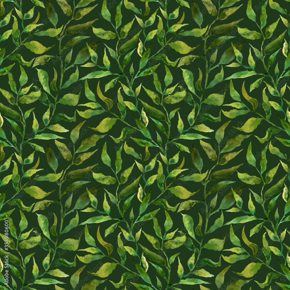 Fototapeta premium Seamless pattern with stylized leaves. Floral endless pattern filled with green leaves. Fresh greenery background, wallpaper, textile print. Watercolor hand drawn illustration on a dark background.