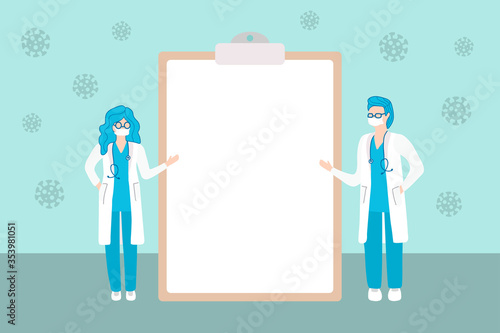 Coronavirus Disease wareness.Doctors pointing to document,Coronavirus Disease wareness, prevent Coronavirus pandemic and Covid 19 , blank form for filling information  for patient, social poll photo