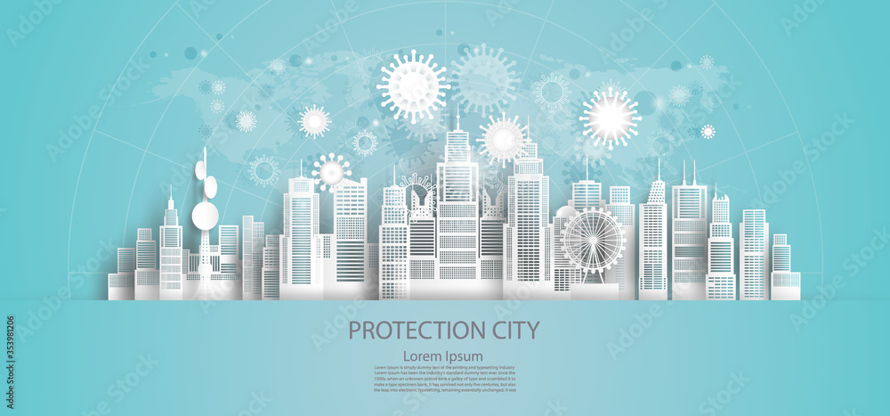 Protection city epidemic disease in capital downtown skyscraper background.