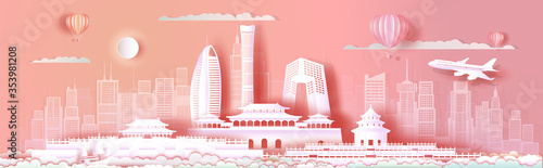 Travel Asia landmarks cityscape of beijing on pink background.