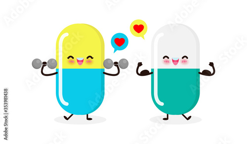 Cute happy medicine doing exercises with dumbbells and strong pill show muscle. Protection Against coronavirus (2019-nCoV) or COVID-19 and Bacteria Healthy lifestyle isolated on white background