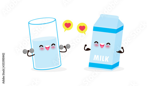 Cute happy milk glass doing exercises with dumbbells and strong boxes of milk show muscle. Eating healthy food and fitness, Funny cartoon character sport concept isolated on white background vector