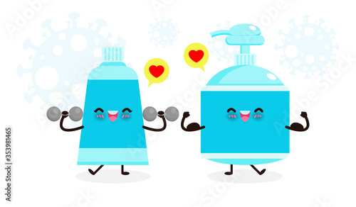 Cute happy Alcohol gel exercises with dumbbells and strong Hand wash gel show muscle. Protection Against coronavirus (2019-nCoV) or COVID-19 and Bacteria Healthy lifestyle isolated on white background