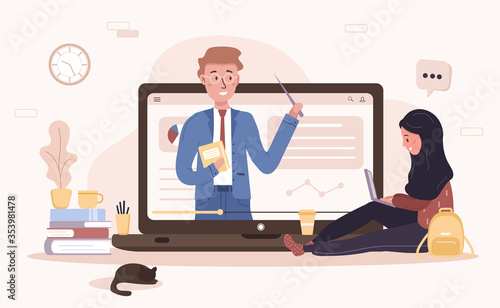 Online education. Flat design concept of training and video tutorials. Student learning at home. Vector illustration for website banner, marketing material, presentation template, online advertising.