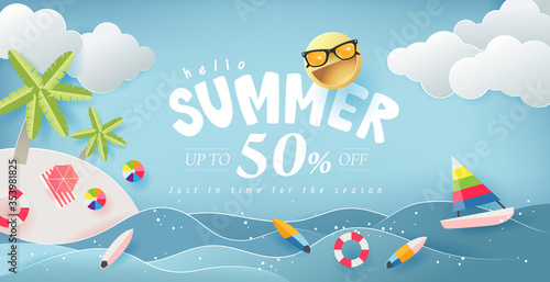 Summer sale design with paper cut beach island with summer elements  in blue sky background.Vector illustration template.