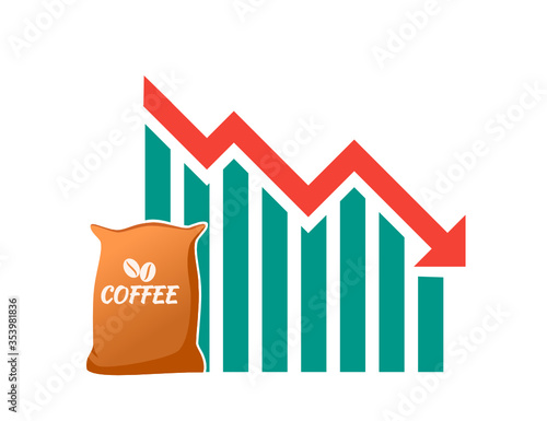 Coffee bean or powder Price Value Stock Market Demand Decrease Drop Fall Down Statistic Report with Graph Chart Diagram Illustration Vector. Can be Used for Web, mobile, Infographic & Print