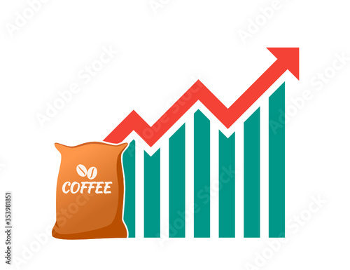 Coffee Bean or Powder Price Value Stock Market Demand Rise Increase Up Skyrocket Statistic Report with Graph Chart Diagram Illustration Vector. Can be Used for Web, Mobile, Infographic & print