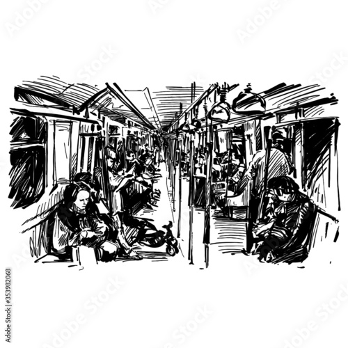 Drawing of people on the train in Singapore 