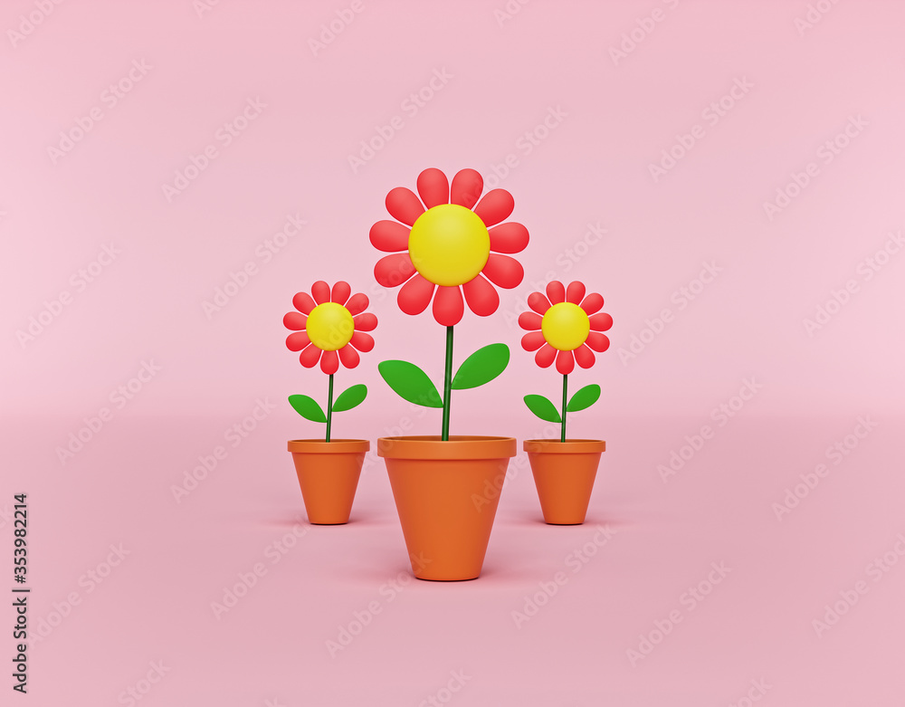 cartoon style Flower pots isolated on pastel pink background. minimal icon,  symbol. gardening concept. 3d rendering Stock Illustration | Adobe Stock