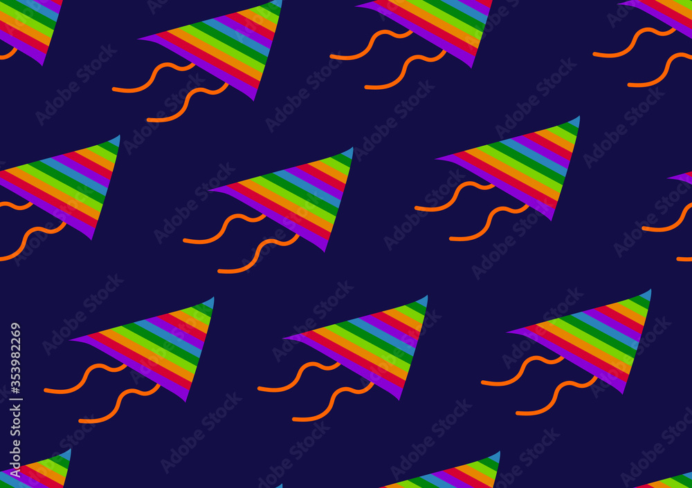 Hand drawing seamless pattern of flying colorful kites on deep blue background. Using for textile print, page fill. The way to success, vision, mission, and milestones repeating pattern concept. Hand drawing seamless pattern of flying colorful kites on deep blue background. Using for textile print, page fill. The way to success, vision, mission, and milestones repeating pattern concept.