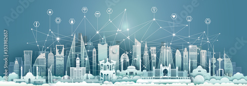 Technology wireless network communication smart city with icon and architecture.