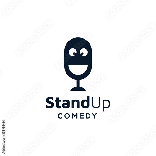 standing microphone with funny face symbol for stand up comedy logo